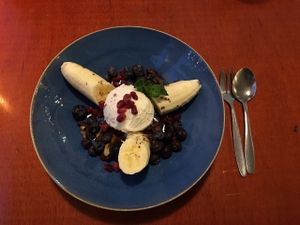Vanilla icecram, with banana, walnut, blueberry and mint. Very delicious, but also not that cheap! at Stoom in Middelburg