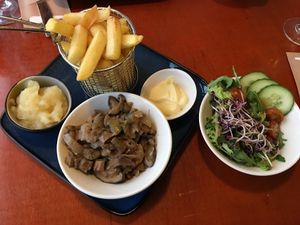Seitan, mushrooms, onion with apple compote, fries and vegan mayo! at Stoom in Middelburg
