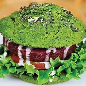 Lydia's Award-Winning Burger Patty atop her amazing "Buffkin Bun" made with kale & greens! at Lydia's Health Foods in Petaluma