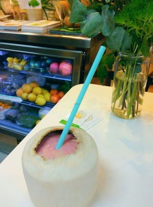 Young Coconut Smoothie with Raspberries and Lucuma Powder. at Urban Orchard in Madrid