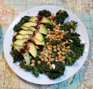"Kale Power Salad", the combination of all the good stuff revered on the West Coast, with a deliciously citrusy tahini sauce. at Urban Orchard in Madrid