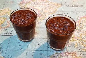 "Chocolicious", amazing thick chocolate milkshake, done for us with a pinch of chili to contrast with the beautiful dark chocolate. YUM ! at Urban Orchard in Madrid