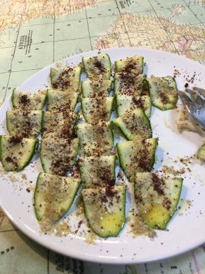Delicious zucchini ravioli with cashew cheese. at Urban Orchard in Madrid