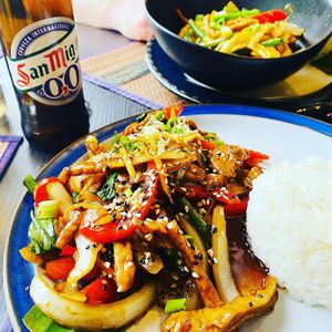 Ginger sauté with seitan and jasmine rice at Kambuja Marple in Marple
