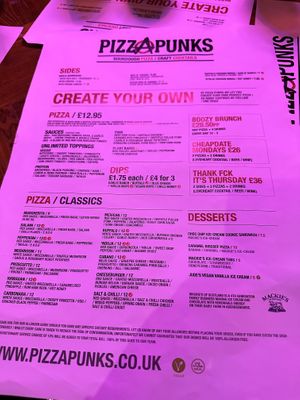 Menu  at Pizza Punks in Glasgow