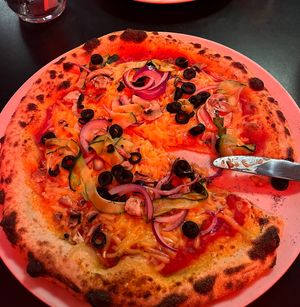 margherita with mushrooms courgette olives and red onion   at Pizza Punks in Glasgow
