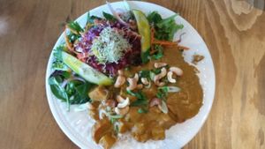 Tofu Korma, légumes rôtis servi avec riz et salade at Vegecafe Vertuose in Sherbrooke