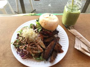 Burger + smoothie :) at Vegecafe Vertuose in Sherbrooke