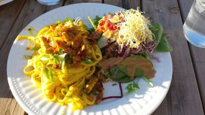 Pates carbonara + emince de tofu et bacon de coco at Vegecafe Vertuose in Sherbrooke