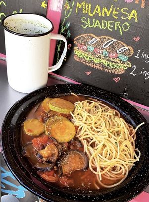 Ratatouille y pasta  at Maria Bonita Veganos - Food Cart in Mexico City