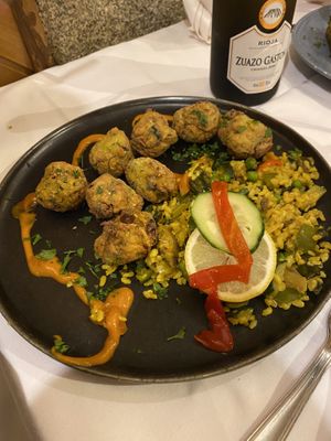 Zucchini fritters & paella  at Artemisa Sol - Huertas in Madrid