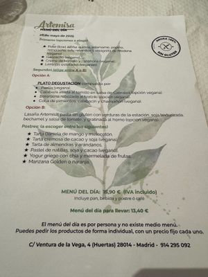 Example of daily menu (may 2025) at Artemisa Sol - Huertas in Madrid