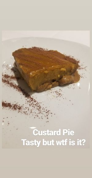 Vegan Custard Pie. Very sweet. I... liked it but not enough to finish it or ever order it again. at Artemisa Sol - Huertas in Madrid