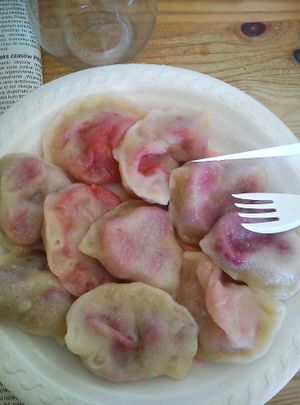 pierogi ones with strawberry and others with cherries at Przystanek Pierogarnia - Rynek Debnicki in Krakow