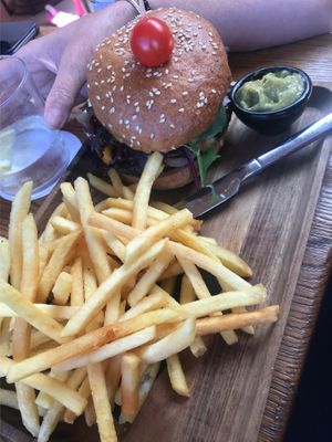 Vegan burger and fries  at Carnaval in Javea
