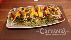 Delicious thai salad with mango, raspberries, sprouts, edaname, mint and a spicy thai sauce mmmm at Carnaval in Javea