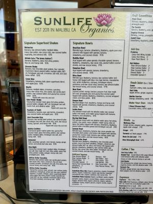Menu  at SunLife Organics in Manhattan Beach