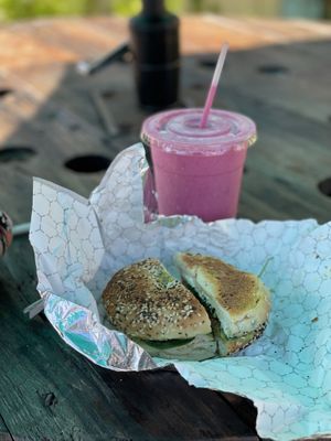 Bagel Sammi and Pink Protein 😋   at Bunkhouse Coffee Bar in Jensen Beach