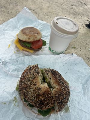 Breakfast sandwich, bagel sandwich & log cabin latte with oat milk #Veganuary at Bunkhouse Coffee Bar in Jensen Beach
