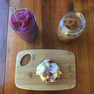 Berry smoothie. Iced coffee with almond milk. Vegan berry scone.  at Bunkhouse Coffee Bar in Jensen Beach