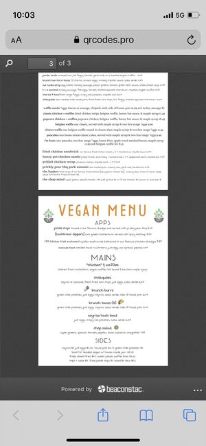 Vegan menu  at Jewel's Bakery and Cafe in Phoenix