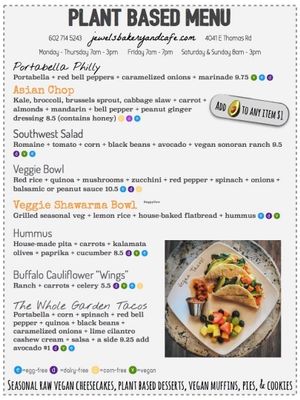 Their plant based menu at Jewel's Bakery and Cafe in Phoenix