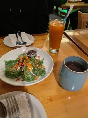 dumplings, thai iced tea, ginger pomegranate hot tea at May Kaidee in New York City