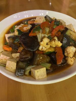 Shiitake & eggplant stir fry with extra firm tofu.  at May Kaidee in New York City