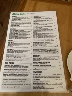 Menu as of April 2023  at May Kaidee in New York City