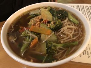 Cinnamon soup ( pah loh) without cabbage mushroom, with tofu rice noodle, 
  at May Kaidee in New York City