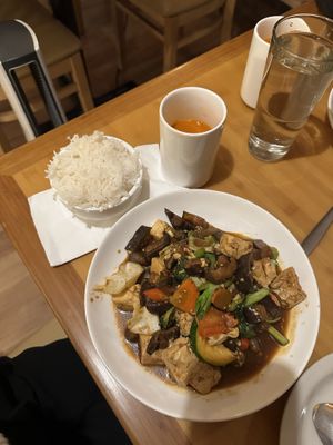 Thai iced tea & eggplant and shiitake mushrooms  at May Kaidee in New York City