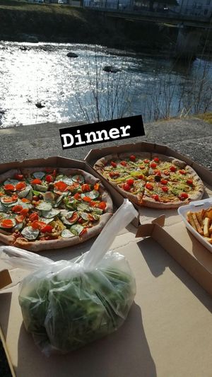 Left: vegetarian vithout cheese, right: vegan pizza #1 at Picerija Hitri in Medvode