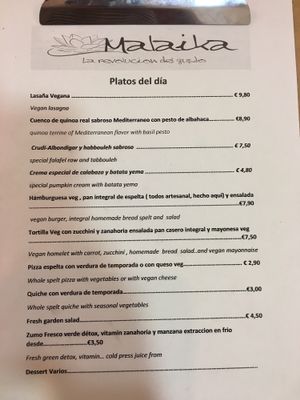 Menu at Malaika in Tenerife