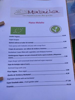 menu at Malaika in Tenerife