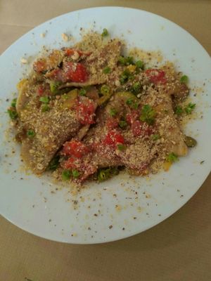 Ravioli with cherry tomatoes, zucchini, olives & almonds. Taste of summer. Tasty! Delish...! at Malaika in Tenerife