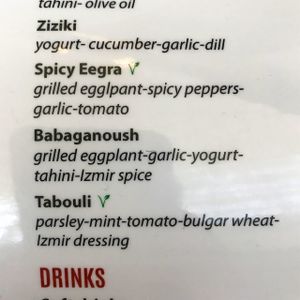 Green "v" means "vegan" at Cafe Izmir Mediterranean Tapas in Grapevine