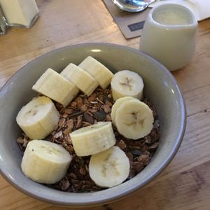 Spelt granola with Banana and Almond milk   at Boston Tea Party in Bath