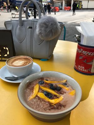 Brown Rice Porridge with Coconut Cream, Mango and Blueberries at Boston Tea Party in Bath