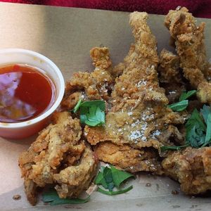 Fried Oyster Mushroom Calamari with Sweet Pepper Jam at Fancy Plants Cafe in Chicago