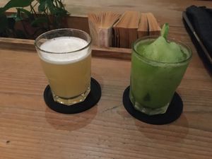 Pineapple kombucha the left, basil frozen margarita on the right at La Raiz de la Tierra in Ixtapa