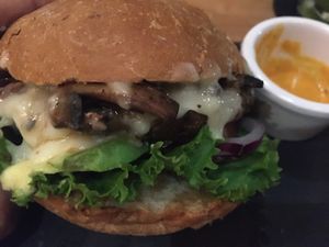 vegan swiss cheese burger at La Raiz de la Tierra in Ixtapa