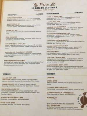 Menu at La Raiz de la Tierra in Ixtapa