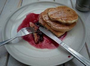 Hotcakes with blueberry and maple at Johnny Mack's Vegan Family Diner in Preston
