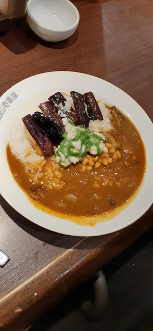 Vegan mushroom curry with natto, okra, yam and eggplant. at CoCoIchi Curry House in Nara