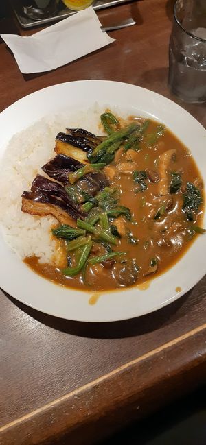 Vegan mushroom curry with spinach and eggplant. at CoCoIchi Curry House in Nara