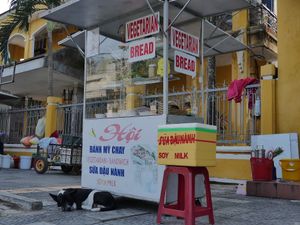 Food stalk with friendly dog at Hoi Banh My Chay - Food Stall in Hoi An