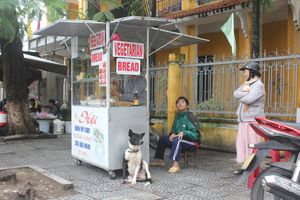 Here's a view of the Bahn Mi stand during morning food prep. at Hoi Banh My Chay - Food Stall in Hoi An