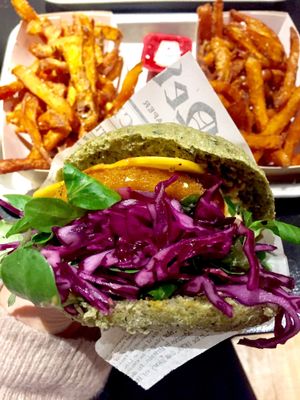 Chicken burger with bacon and cheese - all vegan!!  at GreenBurger - Frederiksborggade in Copenhagen