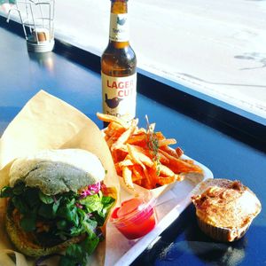 satay burger, sweet potato fries, coffee cupcake, low alc. beer  at GreenBurger - Frederiksborggade in Copenhagen