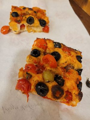 Olive pizza at Pizza Dai Cinque in Rome